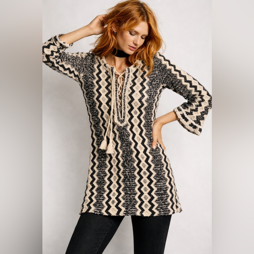 Calypso St Barth Romilly Boho Tunic Black Cream Crochet Knit Tassel Top